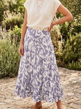 Chaudry KC Slate/Lavender & White Printed Tiered Midi/ Maxi Skirt Boho Size L